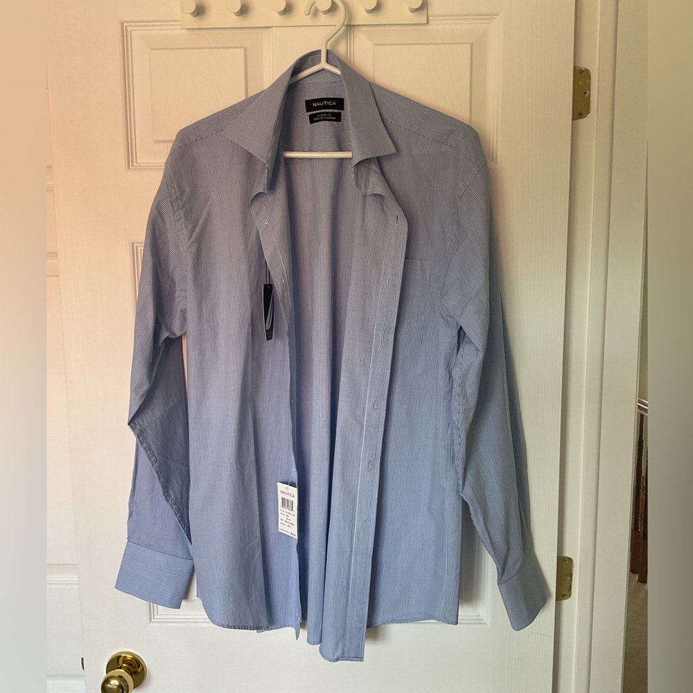 🆕 Men’s Nautica Classic Fit White and Blue Tattersall Button Down Dress Shirt